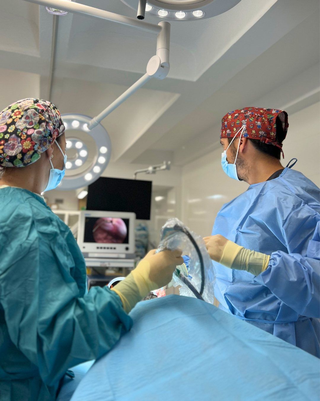 Equipo veterinario durante una cirugía laparoscópica