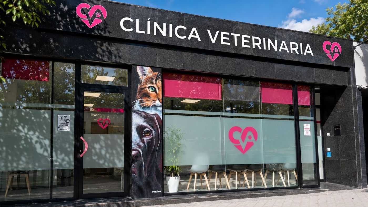 Fachada de la Clínica Veterinaria Aluche con su logotipo y un mural de gato y perro